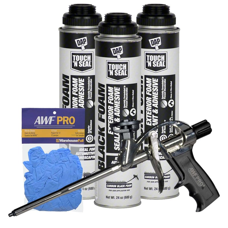 AWF PRO DAP Touch N Seal Black Spray Foam Sealant for RV, Pond, Waterfall & Landscape - UV Resistant, Class A Fire Rated, Waterproof, Polyurethane Adhesive with Gloves and Foam Gun (Pack of 3) - Image 1